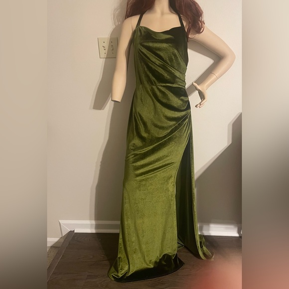 Green Velvety Formal Halter Gown - Picture 2 of 8